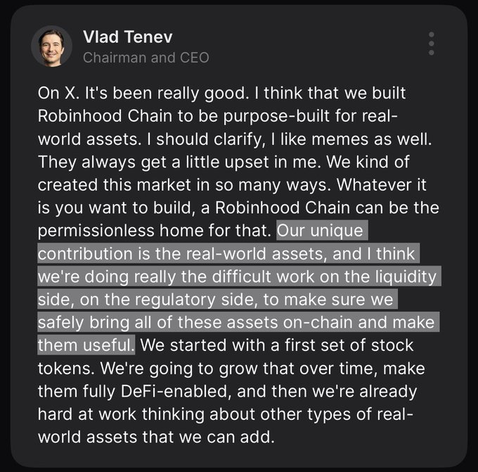 A X/Twitter post from Vlad Tenev, Chairman and CEO, discussing Robinhood Chain's focus on real-world assets, liquidity, regulatory work, and plans for DeFi-enabled stock tokens.
