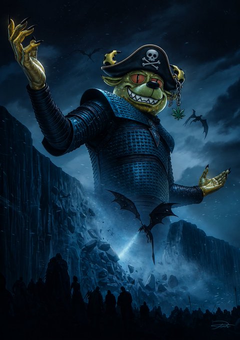 A menacing pirate-themed cartoon creature wearing a skull-and-crossbones tricorn hat emerges from dark stormy skies, with bat-like wings and golden claws, towering over silhouetted onlookers.