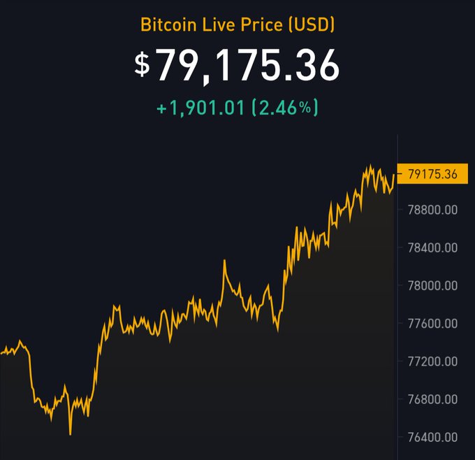 A dark-themed cryptocurrency price chart titled 'Bitcoin Live Price (USD)' showing BTC at $79,175.36, up +1,901.01 (2.46%), with a yellow line graph trending upward.