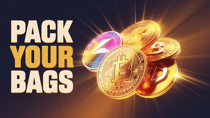 Bold text "PACK YOUR BAGS" appears beside gold and silver coins featuring Bitcoin, XRP, and other cryptocurrency logos radiating light, visually amplifying the post's hype about a major XRP buyer and a potential 20x surge in Bitcoin and crypto prices.