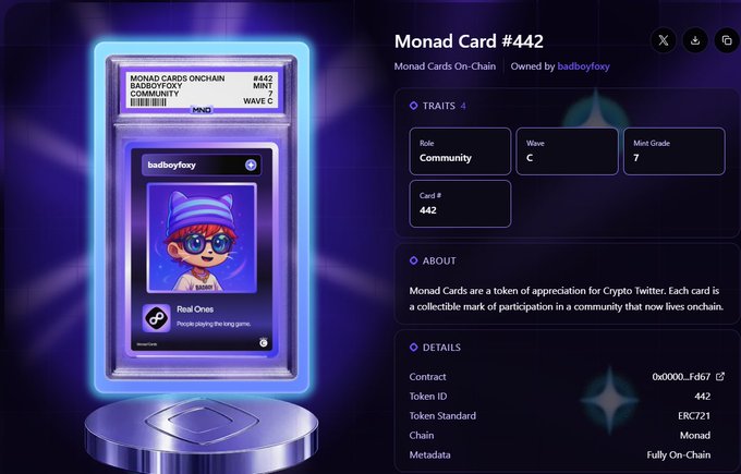 A digital collectible 'Monad Card #442' featuring an animated character avatar, owned by 'badboyfoxy', displayed on a blue neon-lit background with on-chain details like Contract '0x0000...Fd67'.