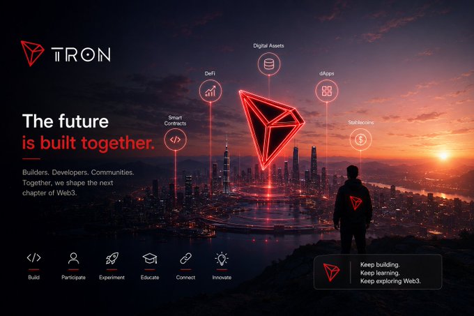 A promotional banner for TRON with the tagline 'The future is built together,' featuring the TRON logo, icons for Digital Assets, DeFi, dApps, Smart Contracts, and Stablecoins, set against a sunset cityscape.
