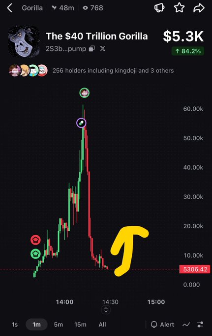 A trading chart screenshot showing 'Gorilla' (a memecoin) with a $5.3K market cap and 84.2% gain, displaying a price spike and subsequent crash with an arrow pointing upward.