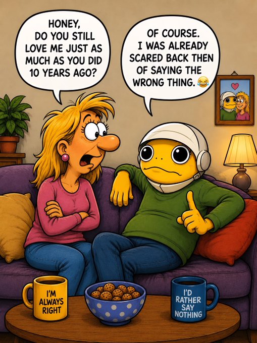 A comic-style illustration shows a woman asking 'HONEY, DO YOU STILL LOVE ME JUST AS MUCH AS YOU DID 10 YEARS AGO?' while a yellow emoji-headed man replies 'OF COURSE. I WAS ALREADY SCARED BACK THEN OF SAYING THE WRONG THING.'
