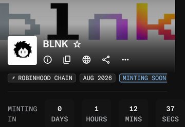 A digital token minting screen for 'BLNK' on the Robinhood Chain, showing a countdown timer at 0 days, 1 hour, 12 minutes, 37 seconds until August 2026.