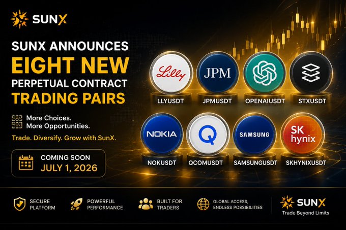 A promotional graphic from SUNX announcing eight new perpetual contract trading pairs (LLYUSDT, JPMUSDT, OPENAIUSDT, STXUSDT, NOKUSDT, QCOMUSDT, SAMSUNGUSDT, SKHYNIXUSDT) launching July 1, 2026.