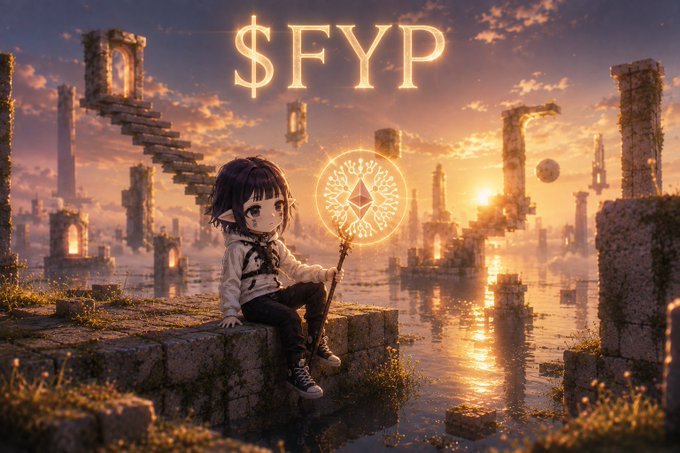 An anime-style elf character with a glowing staff sits on a stone ruin overlooking a flooded ancient city at sunset, with '$FYP' displayed prominently in the sky.