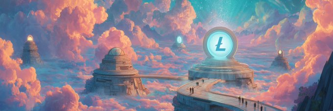 A fantastical, dreamlike landscape with pink and teal clouds shows futuristic floating platforms connected by bridges, with a glowing Litecoin (Ł) emblem prominently displayed on the central structure, visually representing the new LitVM Layer 2 network announced by Litecoin.