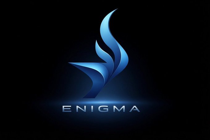 Enigma logo featuring a stylized blue flame or wing design on a black background with 'ENIGMA' text below.