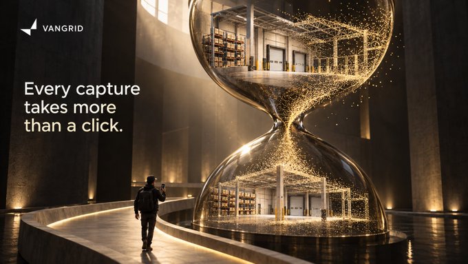 An advertisement for VANGRID reading 'Every capture takes more than a click,' featuring a person walking toward a giant glowing hourglass filled with golden particles.