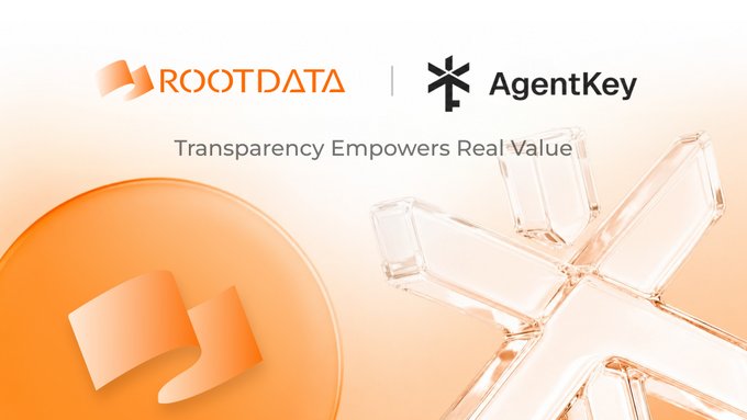 The image features the RootData and AgentKey logos alongside the tagline "Transparency Empowers Real Value," visually representing a partnership announcement. The clean design with the orange RootData branding and crystal key imagery symbolizes the collaboration to expand data infrastructure for AI agents.