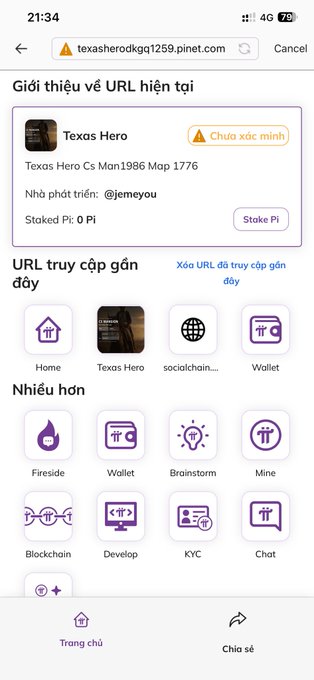 A mobile browser screenshot in Vietnamese showing the 'Texas Hero' dApp page hosted on 'texasherodkqg1259.pinet.com' with a warning label 'Chưa xác minh' (Unverified) and various menu options like Home, Wallet, Fireside, and Chat.