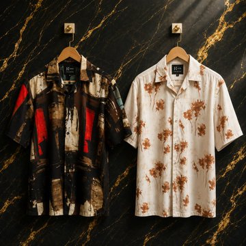 Two short-sleeved button-up shirts hang on wooden hangers against a black marble wall: one features an abstract brown, black, and red pattern, and the other has a white background with brown floral prints.