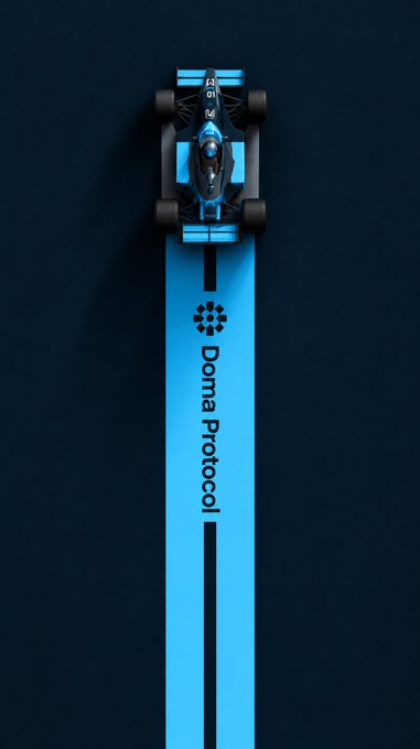 A top-down 3D render of a blue Formula-style race car on a dark blue track strip with the 'Doma Protocol' logo and text.