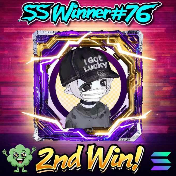 This image celebrates Smurf Spotlight V2 winner #76 on day 76, who achieved their 2nd win. The image features a character wearing a cap that says "I Got Lucky" and the text "2nd Win!".