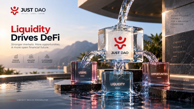 A promotional graphic for JUST DAO featuring the tagline 'Liquidity Drives DeFi' and 'Stronger markets. More opportunities. A more open financial future,' with a fountain of water labeled 'USERS,' 'LIQUIDITY,' and 'OPPORTUNITIES' flowing around a central Just DAO logo.