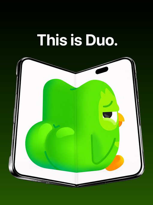 An advertisement displays "This is Duo." above a smartphone showing the green Duolingo owl mascot.