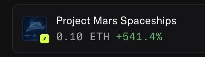 An NFT listing on a marketplace showing 'Project Mars Spaceships' with a price of 0.10 ETH and a green percentage change of +541.4%.