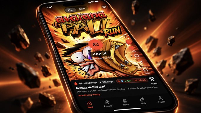 A smartphone displaying a page for the Brazilian animation 'Avaiana de Pau RUN', featuring a character flying on a hot dog, floating among rocks in space.