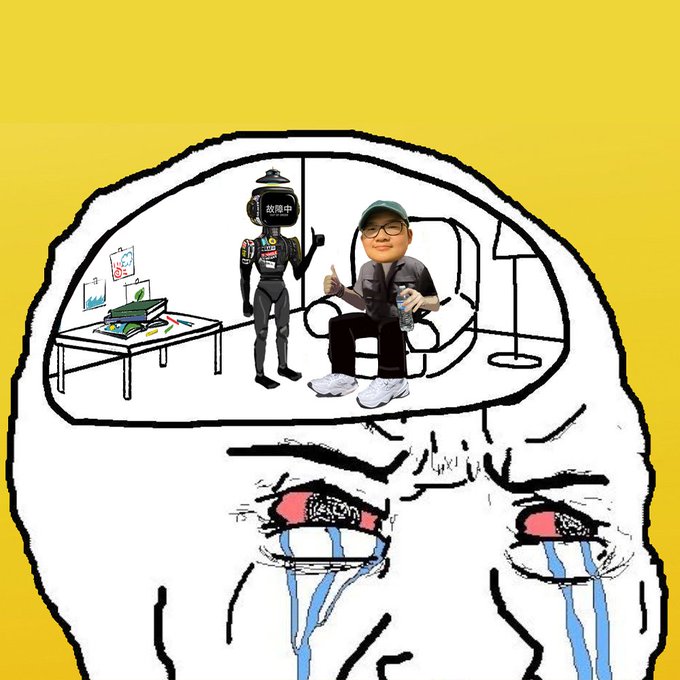 Meme image showing a "Wojak" or "Soyjak" style drawing of a crying, bald character with red eyes, whose thought bubble contains an image of a person sitting next to a robot.