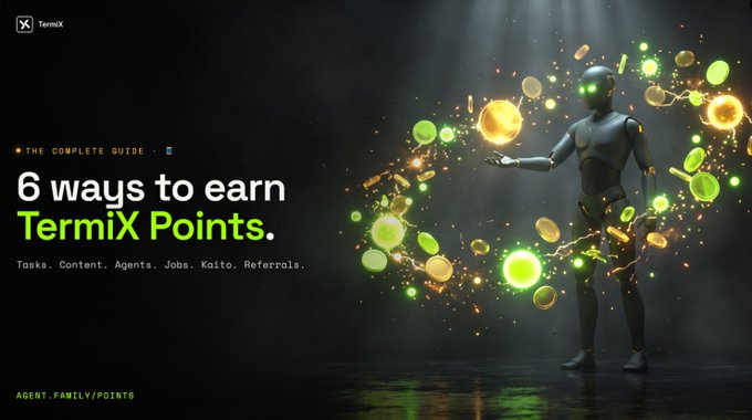 A graphic titled '6 ways to earn TermiX Points.' with the subtitle 'THE COMPLETE GUIDE' and the categories 'Tasks, Content, Agents, Jobs, Kaito, Referrals.', featuring a humanoid figure surrounded by glowing green and gold coins.