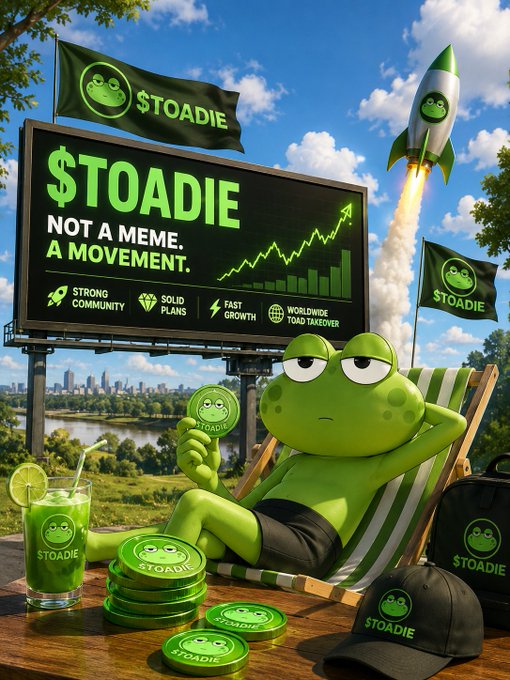 The image features a smug toad lounging in a striped deck chair surrounded by "$TOADIE" branded merchandise, flags, and merchandise, with a billboard declaring "$TOADIE: NOT A MEME, A MOVEMENT" alongside claims of "STRONG COMMUNITY," "SOLID PLANS," and "FAST GROWTH," while a rocket ship labeled with the token launches into the sky—visually reinforcing the post's message that the project is building real momentum beyond typical meme hype.