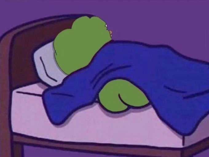 A cartoon image of Kermit the Frog sleeping face-down in a bed, covered by a blue blanket with his green leg sticking out.
