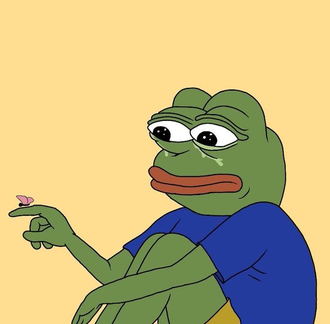 The 'Sad Pepe' meme depicting a green cartoon frog with teary eyes and a frowning mouth, wearing a blue shirt, gazing at a small pink butterfly on its finger.