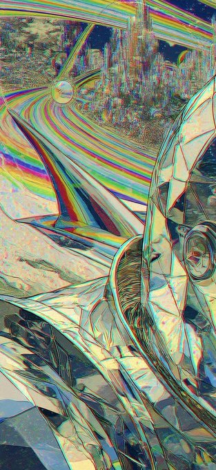 A vibrant, distorted digital artwork with sweeping rainbow streaks, fragmented geometric shapes, and iridescent textures.