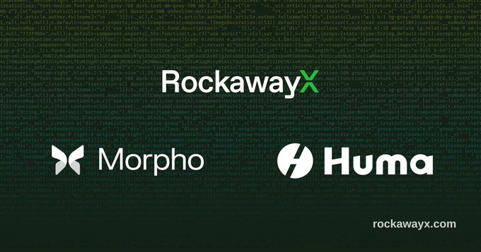 The image features logos for RockawayX and Morpho, both of which are companies related to cryptocurrency. The RockawayX logo is located at the top left corner of the image, while the Morpho logo is positioned towards the bottom right corner. Both logos are white with black text that reads "Rockaway X". Below these logos, there's a description of what each company does: RockawayX is a cryptocurrency vault service that allows users to store and manage their digital assets securely; Morpho is a cryptocurrency exchange platform that facilitates the buying and selling of digital tokens.