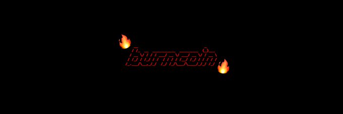 A stylized banner on a black background features the word "burncoin" rendered in glowing red, angular lettering with two flame icons, one on each side, illustrating the token's fiery theme for the Solana-based $burncoin.