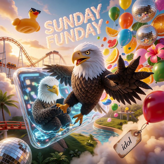 A colorful 3D-rendered illustration features two bald eagles, one holding a phone, surrounded by balloons, fruit slices, a rubber duck, a disco ball, and a roller coaster, with 'SUNDAY FUNDY' in cloud text and 'idol' on a tag.