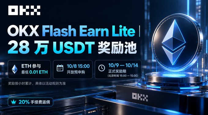 A promotional banner for OKX advertising a 'Flash Earn Lite' event with a 280,000 USDT reward pool, featuring an Ethereum (ETH) coin and a large 3D 'E' logo.