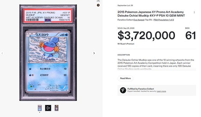 A Goldin auction listing displays a PSA 10 graded 2015 Pokemon Japanese XY Promo Art Academy Daisuke Ochiai Mudkip card with a bid of $3,720,000.