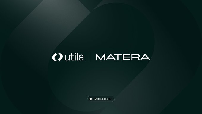 A partnership announcement graphic featuring the logos for 'Utila' and 'MATERA' on a dark background with a 'PARTNERSHIP' badge.