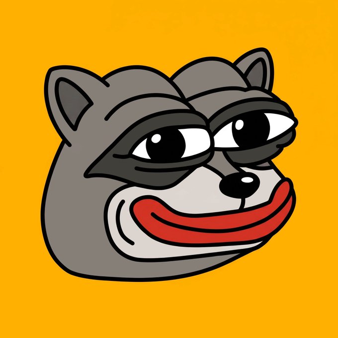 A cartoon illustration of a grey raccoon or bear-like face with large expressive eyes and a red, wide smile on an orange background.
