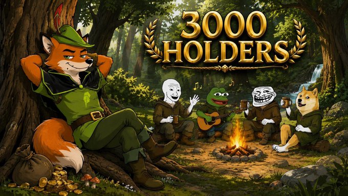A cartoon fox dressed as Robin Hood reclines against a tree in an enchanted forest, surrounded by famous meme characters (Wojak, Pepe, Trollface, and Doge) sitting around a campfire with musical notes floating above them, beneath a golden laurel wreath banner reading "3000 HOLDERS." The imagery ties into the post's celebratory milestone, portraying the $FOX community as a growing fellowship of meme legends gathered around the campfire as the forest of holders expands.