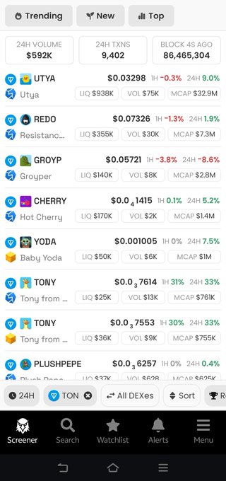 The image displays a mobile screener app interface showing trending TON chain meme coins with tickers like UTYA, REDO, GROYP, CHERRY, YODA, TONY, and PLUSHPEPE, filtered by various market caps ranging from $32.9M down to $615K. The 24-hour trading volume totals $592K with 9,402 transactions, illustrating the post's advice to use market cap filters ($1M, $500K, $100K) as a simple risk-based strategy for finding TON meme coin gems.