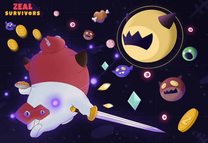 Promotional artwork for "ZEAL SURVIVORS" featuring a red-and-white cat-like character with a sword in a space-themed setting surrounded by coins, gems, and monster enemies.