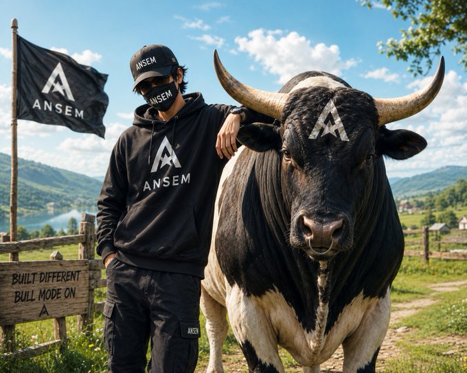 A person wearing an 'ANSEM' cap, mask, and hoodie stands beside a large black and white bull with an 'A' branded on its forehead, next to a flag and 'BUILT DIFFERENT BULL MODE ON' sign.