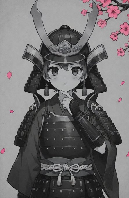 The image features a young girl dressed as a samurai with a helmet and armor, standing against a floral background. The girl appears to be contemplating something or posing for the picture. The image also includes text that reads "@ Ronin_Network is on Ethereum L2, i can'T help but wonder about potential for expanding Ronin' on the L1, I wonder about Ronin market/wallet converting L1 users (and other L2s), I wonder about $ron on Ethereum." This suggests an interest in the concept of Ronin and its potential expansion to different platforms or markets.