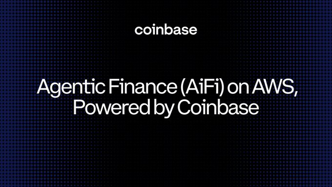 A Coinbase-branded graphic with a dark blue dotted background reads "Agentic Finance (AiFi) on AWS, Powered by Coinbase." The image visually introduces the concept referenced in the post, which describes how an AI agent can autonomously search over 2.2 million properties, book hotels, and pay onchain within user-set spending limits.