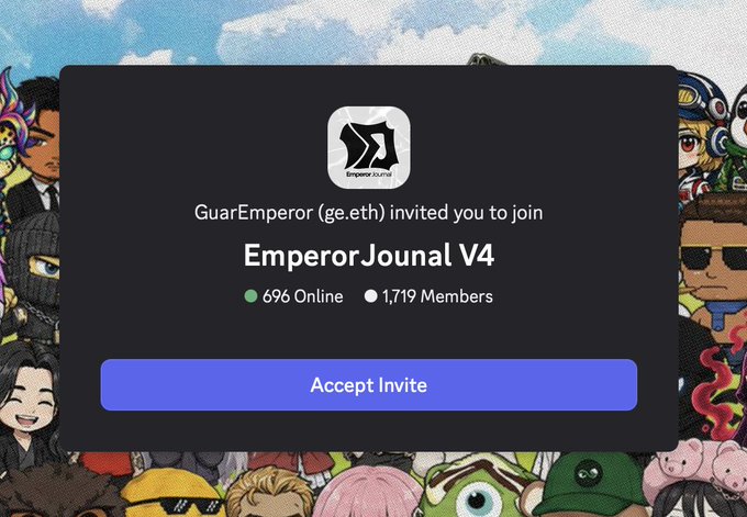 A Discord server invite popup for 'Emperor Jounal V4' from GuarEmperor (ge.eth), showing 696 members online and 1,719 total members, with an 'Accept Invite' button against an NFT-style character background.