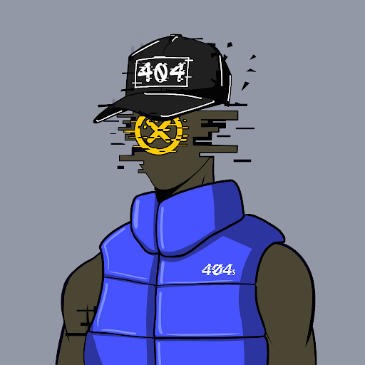 A stylized character with a glitching face, wearing a black cap with "404" and a blue puffer vest labeled "404s," serves as branding for the question asking how long viewers have been holding their 404s NFTs.