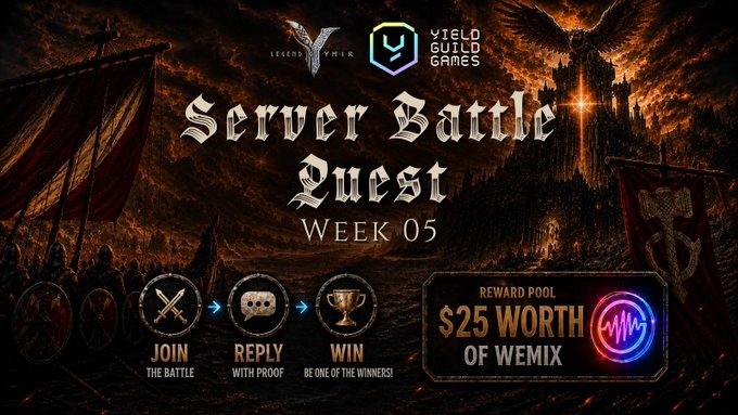 A promotional graphic for 'Server Battle Quest WEEK 05' by Legend YTHK and Yield Guild Games, featuring medieval imagery and a $25 reward pool of WEMIX tokens.