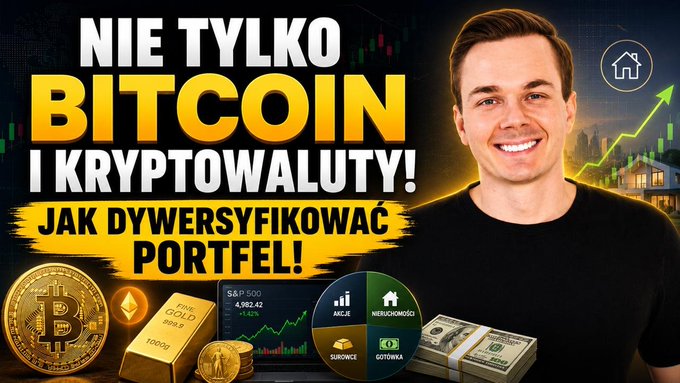 A thumbnail for a YouTube video titled "NIE TYLKO BITCOIN I KRYPTOWALUTY! JAK DYWERSYFIKOWAĆ PORTFEL!" featuring a smiling man in a black shirt alongside visuals of a Bitcoin coin, gold bars, a $4,982.42 S&P 500 chart, and a pie chart showing diversification into "AKCJE," "NIERUCHOMOŚCI," "SUROWCE," and "GOTÓWKA." The image directly relates to the post, as it serves as promotional material for a lecture by Jakub Baroszek of CashifyEU about diversifying investment portfolios beyond just cryptocurrencies.