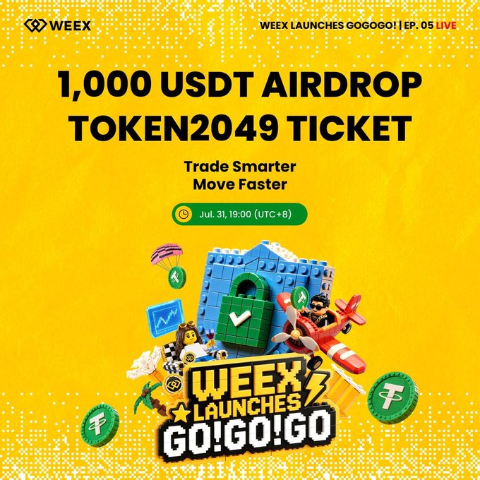 The image is a vibrant yellow WEEX promotional graphic advertising a "1,000 USDT AIRDROP" and "TOKEN2049 TICKET" giveaway, scheduled for Jul. 31, 19:00 (UTC+8), featuring "WEEX LAUNCHES GO!GO!GO" text with playful 3D illustrations of characters, coins, and a padlock. It aligns with the post's message about WEEX hosting a free ticket giveaway to Token2049, encouraging viewers to tune in to learn how to win.