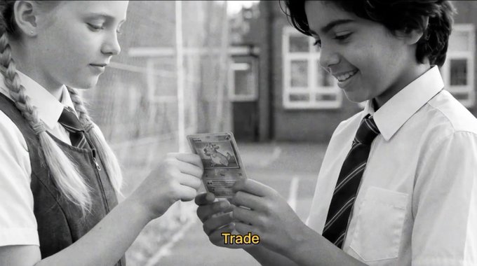 Two children in school uniforms trade a Pokémon card, with the word "Trade" displayed on screen. The image evokes the concept of fair exchanges, paralleling the post's discussion of smart contracts needing human judgment—like a Pokémon trade where both kids must agree the deal is fair, just as GenLayer acts as a decentralized court to settle debatable transactions between AI agents.