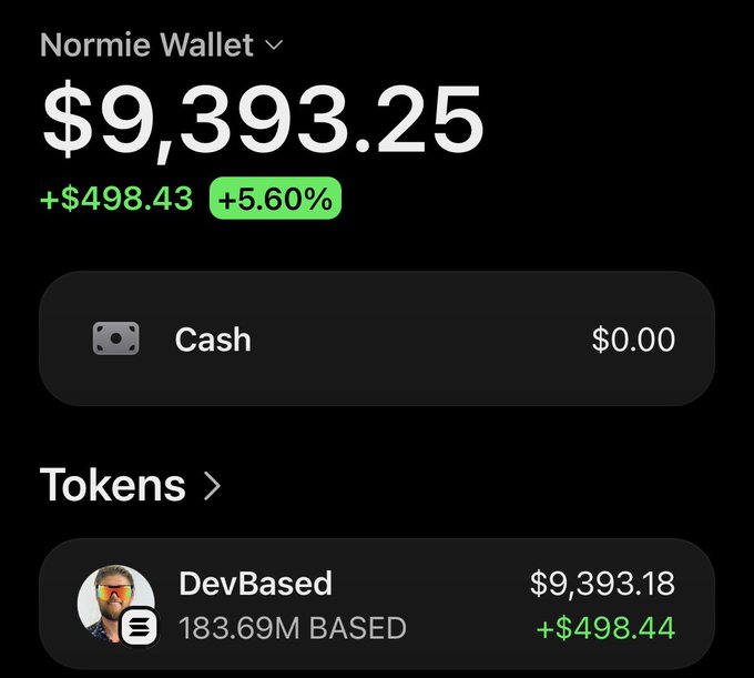 A mobile wallet interface showing 'Normie Wallet' with a balance of $9,393.25 (+5.60%), displaying 183.69M BASED (DevBased) tokens worth $9,393.18.