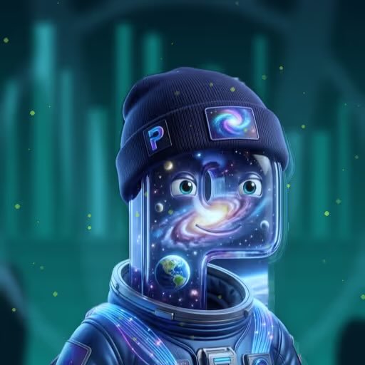 A digital illustration of an astronaut with a beanie featuring a 'P' patch, whose helmet visor displays a cosmic galaxy with swirling stars and a small Earth, set against a teal cathedral-like background.